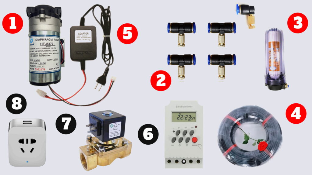Tổng hợp các thành phần của hệ thống máy phun sương